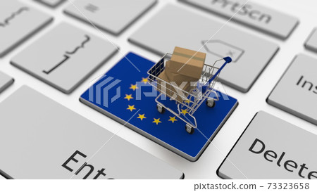 Key with flag of the European Union and shopping cart with boxes, internet business related 3d rendering 73323658