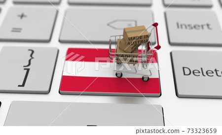 Cartons with MADE IN AUSTRIA text and shopping cart on the computer keyboard. Conceptual 3d rendering 73323659
