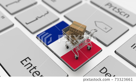 Boxes with MADE IN FRANCE text and shopping cart on the keyboard. Conceptual 3d rendering 73323661