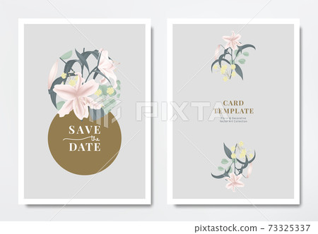 Botanical wedding invitation card template design, pink lilies with Silver Dollar Eucalyptus leaves Botanical wedding invitation card template design, pink lilies with Silver Dollar Eucalyptus leaves 73325337