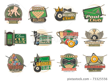 Billiard sport icons, pool, snooker tables, balls Billiard sport icons, pool, snooker tables, balls 73325556