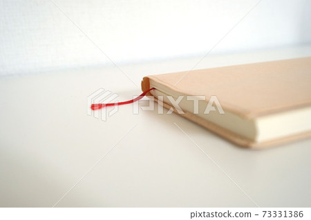 一個簡單的平裝書本大小的筆記本和放在桌上的紅色書籤 一個簡單的平裝書本大小的筆記本和放在桌上的紅色書籤 73331386