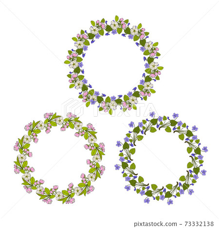 Set of round frame wreaths with blue violet and apple flowers 73332138