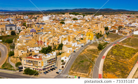 View from drone of ancient quarter of Spanish town of Requena View from drone of ancient quarter of Spanish town of Requena 73335187