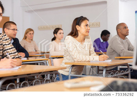 Concentrated hispanic girl at lecture during adult education class 73336292