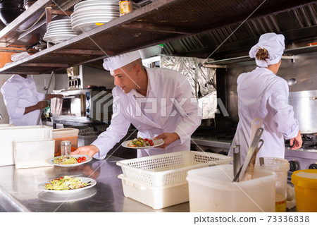 portrait of smiling male chef grilling in modern kitchen portrait of smiling male chef grilling in modern kitchen 73336838