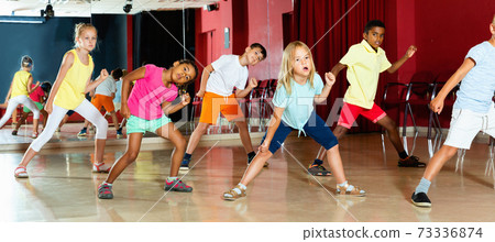 Positive children studying modern style dance in class indoors Positive children studying modern style dance in class indoors 73336874