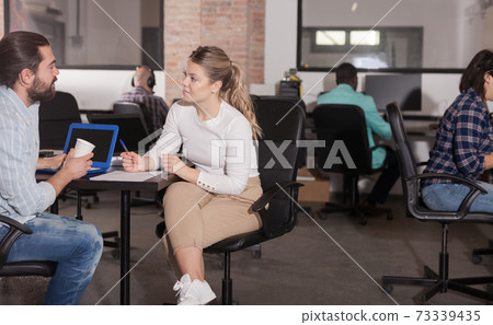Girl and young man talking in coworking space Girl and young man talking in coworking space 73339435