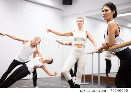 Girl ballerina on background of ballet dancers Girl ballerina on background of ballet dancers 73340096