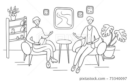 Male presenter asks famous celebrity on TV show. Popular man-star gives interview to television presenter in broadcast studio. Internet interview channel concept. Cartoon vector illustration 73340097