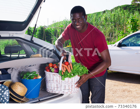 Man packing harvested vegetables in car trunk Man packing harvested vegetables in car trunk 73340176