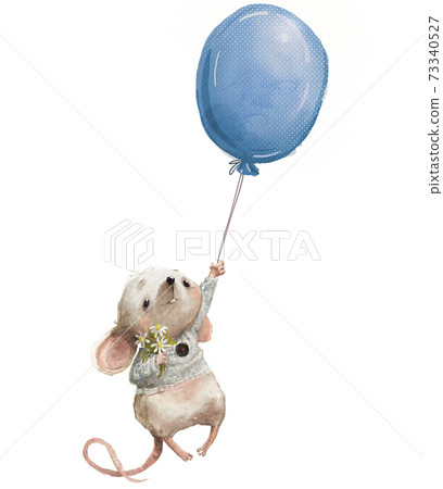 Little cartoon mouse fly with blue balloon 73340527