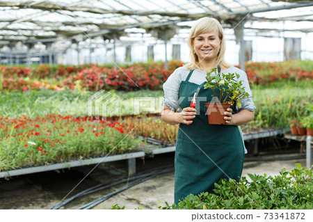 Portrait of mature woman standing near gardenia and other plants 73341872