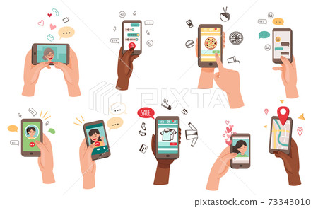 Hand Holding Phone Text Messaging, Watching Video, Purchasing Using Internet Vector Set Hand Holding Phone Text Messaging, Watching Video, Purchasing Using Internet Vector Set 73343010
