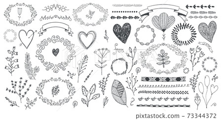 Vector set of floral decor, hand drawn doodle frames, dividers, borders, elements. Isolated. Vector set of floral decor, hand drawn doodle frames, dividers, borders, elements. Isolated. 73344372