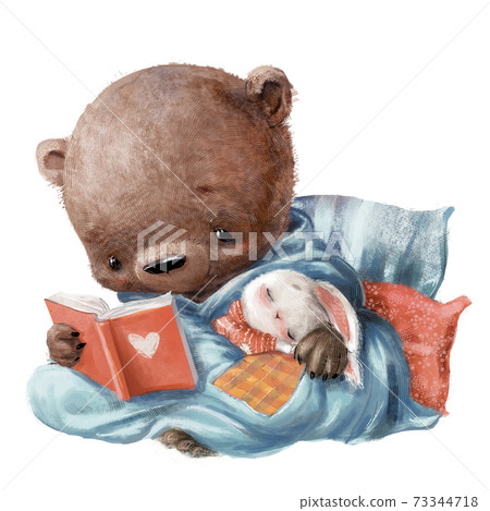 cute cartoon teddy bear with little white hare cute cartoon teddy bear with little white hare 73344718
