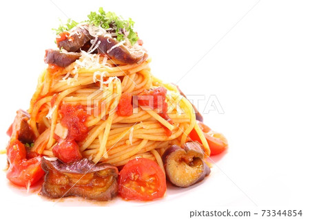 茄子和番茄意大利面明亮的背景 茄子和番茄意大利面明亮的背景 73344854