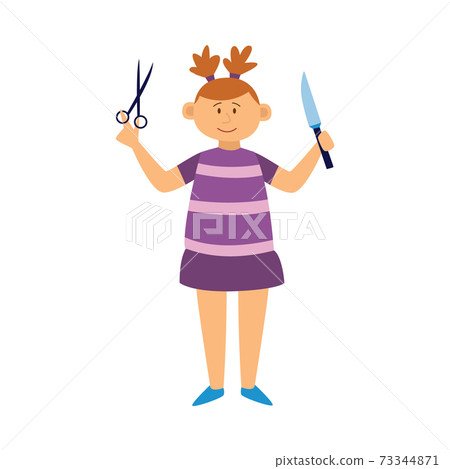 Little girl playing with scissors and knife, kid in dangerous situation. Little girl playing with scissors and knife, kid in dangerous situation. 73344871