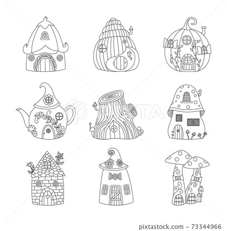 Black line image of gnome houses set of cartoon vector illustrations isolated. Black line image of gnome houses set of cartoon vector illustrations isolated. 73344966