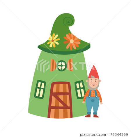 Bearded old gnome next to his tiny fancy house flat vector illustration isolated. Bearded old gnome next to his tiny fancy house flat vector illustration isolated. 73344969
