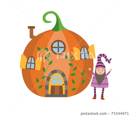 Gnome in front of house in shape of pumpkin flat vector illustration isolated. Gnome in front of house in shape of pumpkin flat vector illustration isolated. 73344971