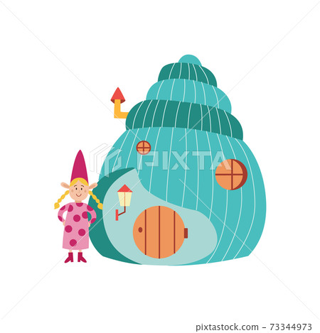 Little girl elf or fairy next to her house, flat vector illustration isolated. Little girl elf or fairy next to her house, flat vector illustration isolated. 73344973