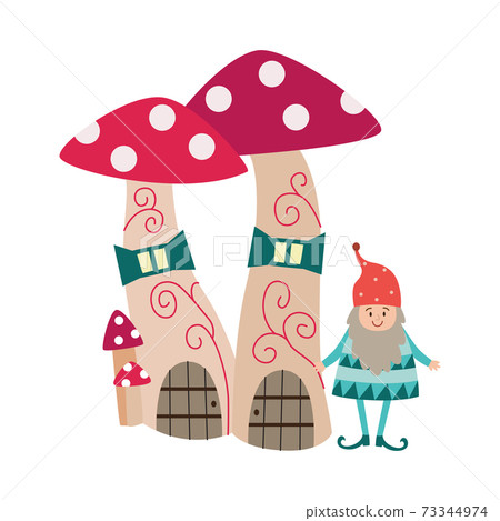 Cute fairy tale gnome near his house in form of two mushrooms fly agarics. Cute fairy tale gnome near his house in form of two mushrooms fly agarics. 73344974