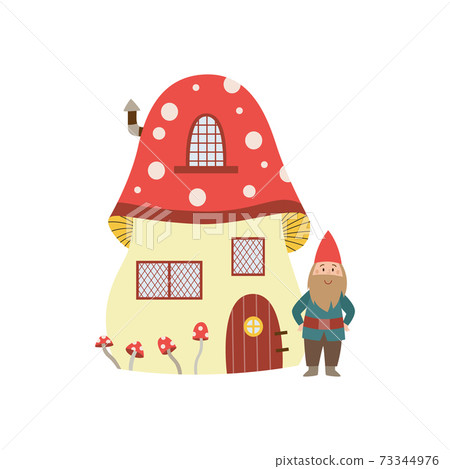 Cartoon gnome standing next to mushroom house - isolated elf Cartoon gnome standing next to mushroom house - isolated elf 73344976