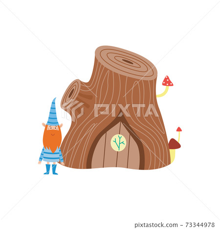 Cute cartoon fairy tale gnome near fabulous wooden house in form of stump. 73344978