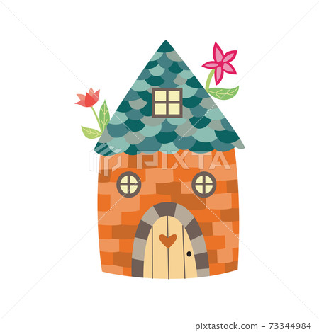 Cute gnome house with tiled roof and growing flowers. Cartoon home Cute gnome house with tiled roof and growing flowers. Cartoon home 73344984