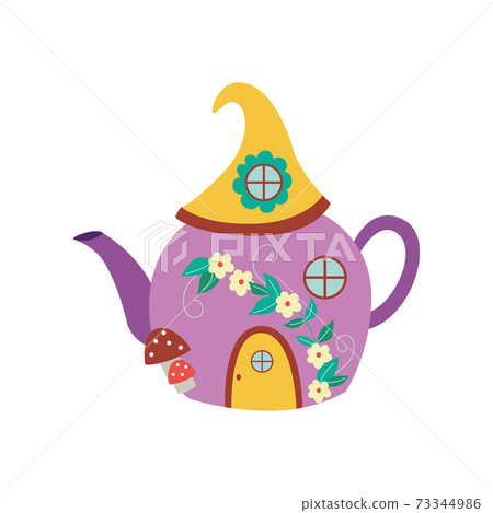 Gnome or fairy toy house in shape of kettle flat vector illustration isolated. 73344986