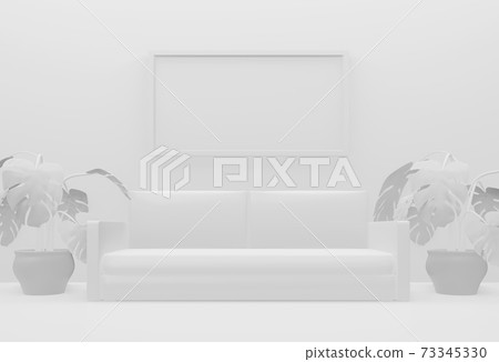 White minimalist living room with sofa and big frame, mock up. 3D illustration 73345330