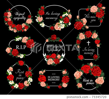 Funeral vector cards with rose flower wreaths set 73345720