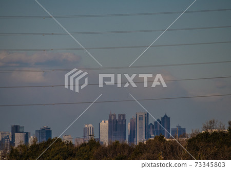 Tokyo cityscape of Japan State of emergency. "City blockade". Creepy suggestion. Black metropolitan government office and skyscrapers ... = January 9 73345803