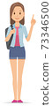 A young woman with a backpack is pointing her finger 73346500
