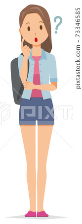 A young woman with a backpack is thinking 73346585