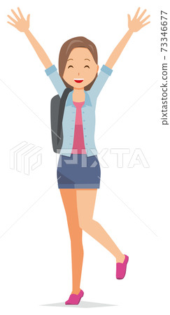 A young woman with a backpack is happy to raise her hands A young woman with a backpack is happy to raise her hands 73346677