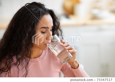 Healthy Liquid. Beautiful Brunette Woman Drinking Mineral Water From Glass In Kitchen Healthy Liquid. Beautiful Brunette Woman Drinking Mineral Water From Glass In Kitchen 73347517