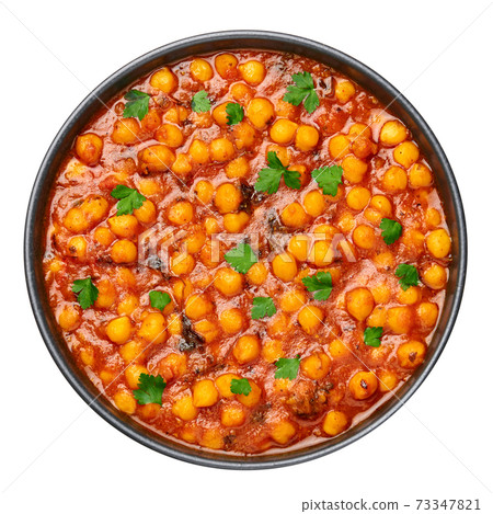Chana Masala or Chole isolated on white. Indian chickpeas curry dish. Asian vegetarian food Chana Masala or Chole isolated on white. Indian chickpeas curry dish. Asian vegetarian food 73347821