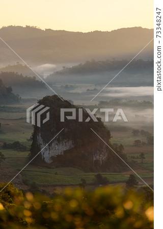 The scenery of Phu Langka in the morning sunrise at Phayao province, Thailand. 73348247