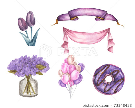 Cute watercolor romantic illustration set of design elements. 73348438