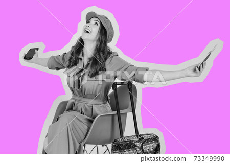 Joyful girl goes on vacation with a purple stroke. 73349990