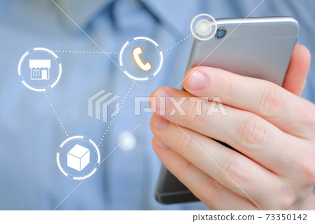 The concept of ordering goods and the choice of their delivery through the online store on a smartphone. The concept of ordering goods and the choice of their delivery through the online store on a smartphone. 73350142