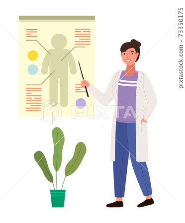Doctor with pointer leads clarification on human body. Woman in medical gown points to a silhouette 73350175