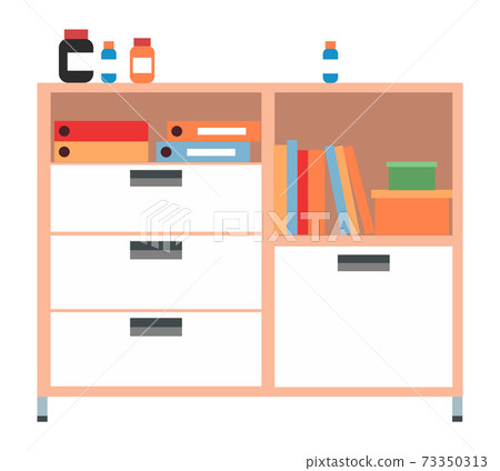 Chest of drawers with medical supplies and medicinal products isolated on white background 73350313