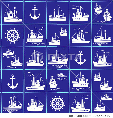 Seamless pattern of ships working in the harbor, 73350349
