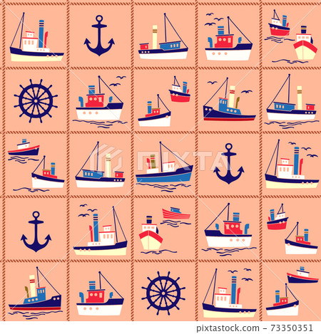 Seamless pattern of ships working in the harbor, 73350351