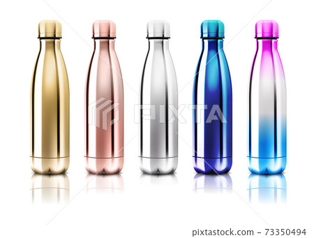 Vector Realistic 3d White, Silver and Black Empty Glossy Metal Reusable Water Bottle with Silver Bung Set Closeup on Transparency Grid Background. Design template of Packaging Mockup. Front View 73350494