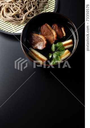 拍攝的鴨西羅蕎麥麵配烤鴨肉，烤長洋蔥和三葉草在黑色背景上（頂視圖） 73350576