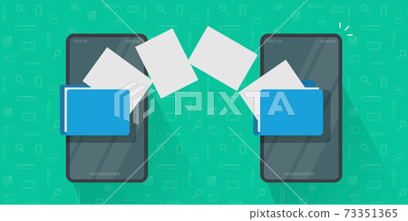 Share or transfer files between mobile phones vector, idea of copy documents from smartphone to cell phone, connected cellphones and sending or exchange media data technology 73351365